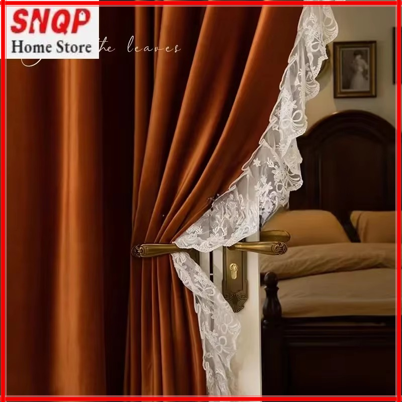 Blackout Curtain Thick - Caramel Velvet Lace Luxury Curtains for