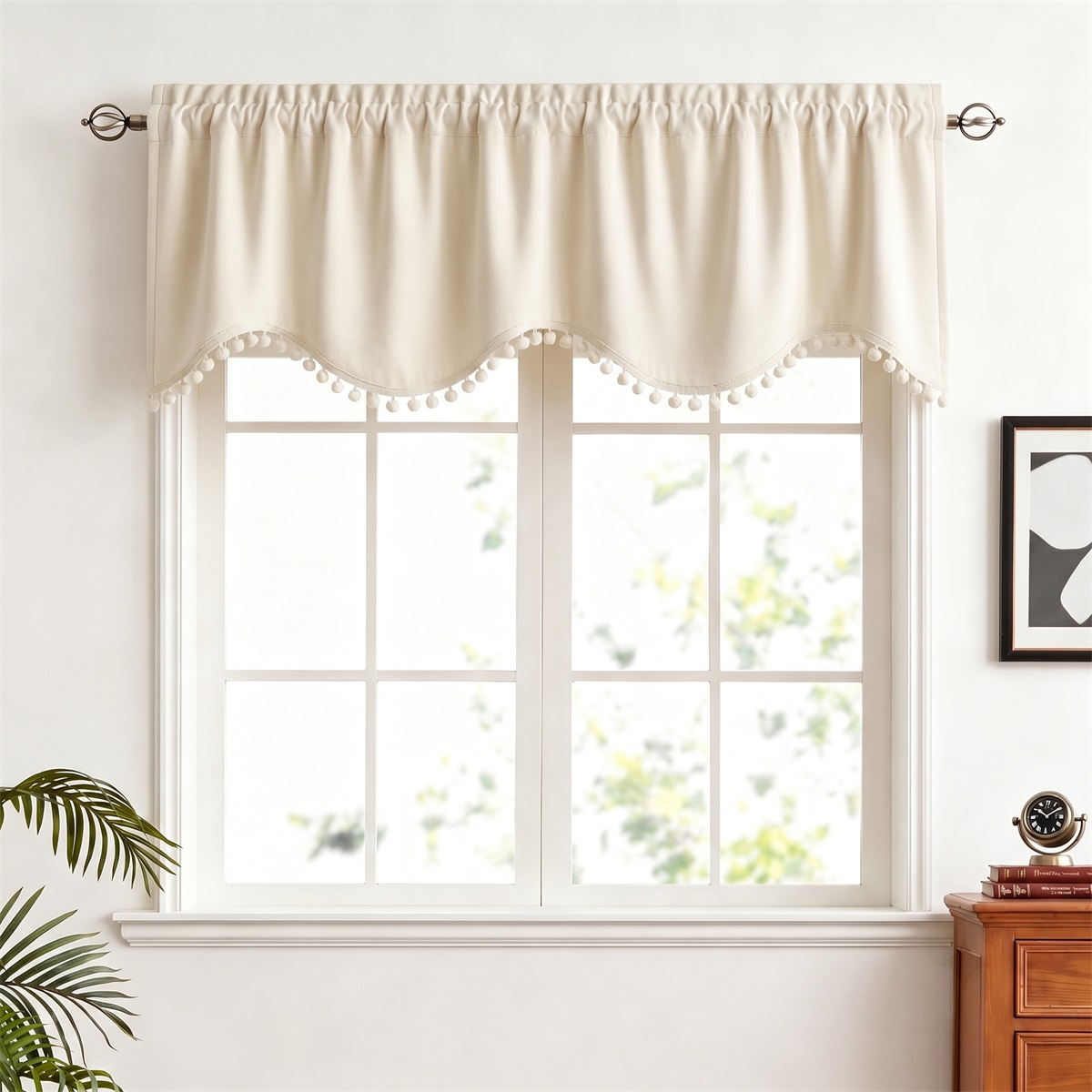 Blackout Curtain Thick - Beige Velvet Valance Curtain with Pom