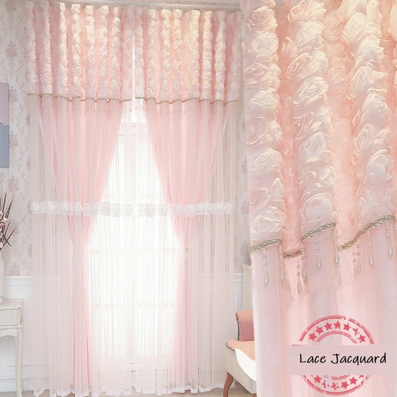 Blackout Curtain Thick - New Pastoral Korean Pink Lace 3D