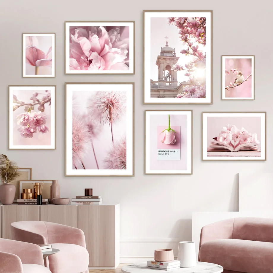 Home Cinema Wall Art - Spring Pink Rose Peony Sakura Dandelion